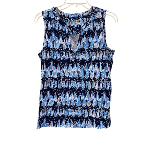 Lilly Pulitzer Tops - Lilly Pulitzer Sailboat Print Sleeveless Top Nautical Boat Navy Blue